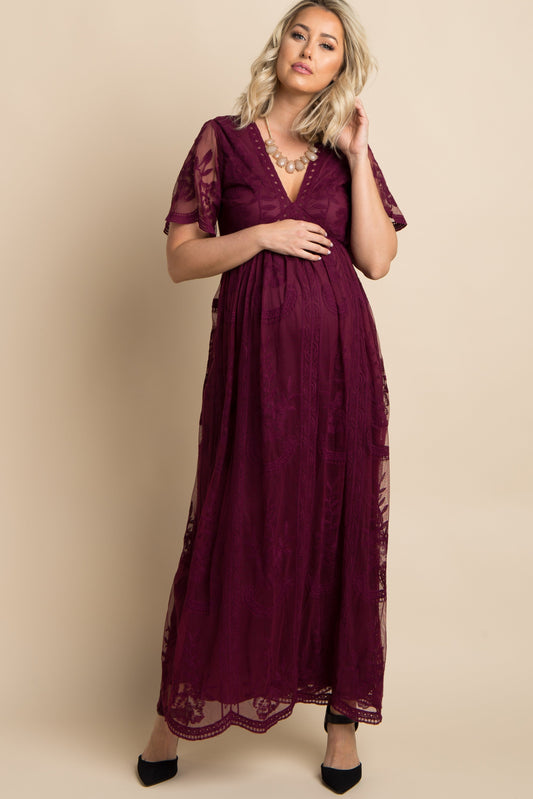 Burgundy kanten mesh overlay Maxi-Jurk