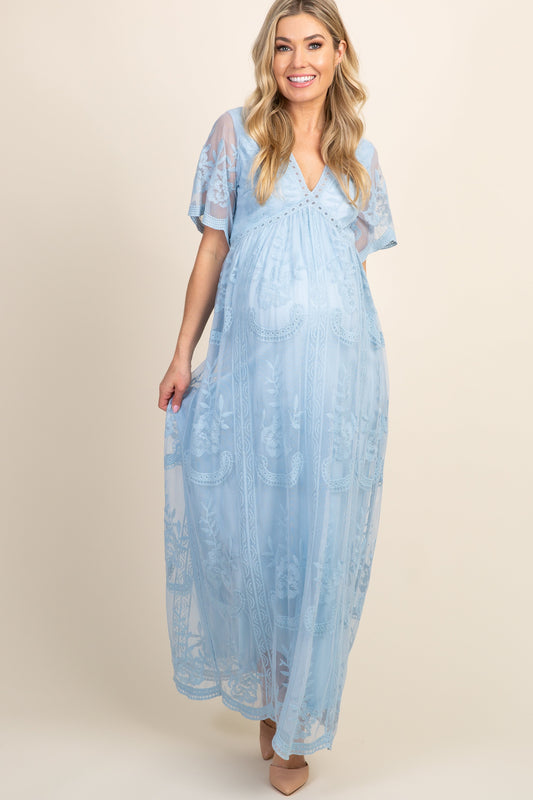 Licht blauw kanten mesh overlay Maxi-Jurk